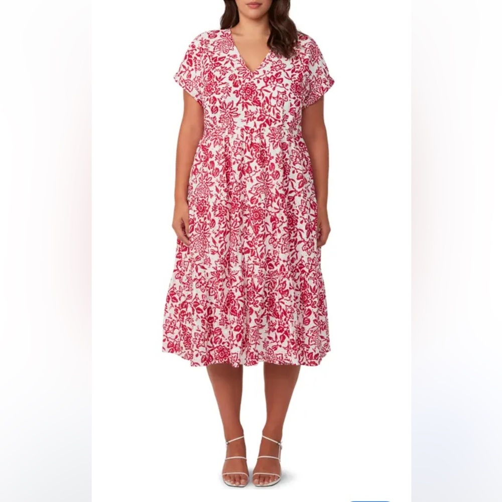 NWOT Estelle Cote Dazur Embroidered Women’s Midi Dress Paisley Floral Red White